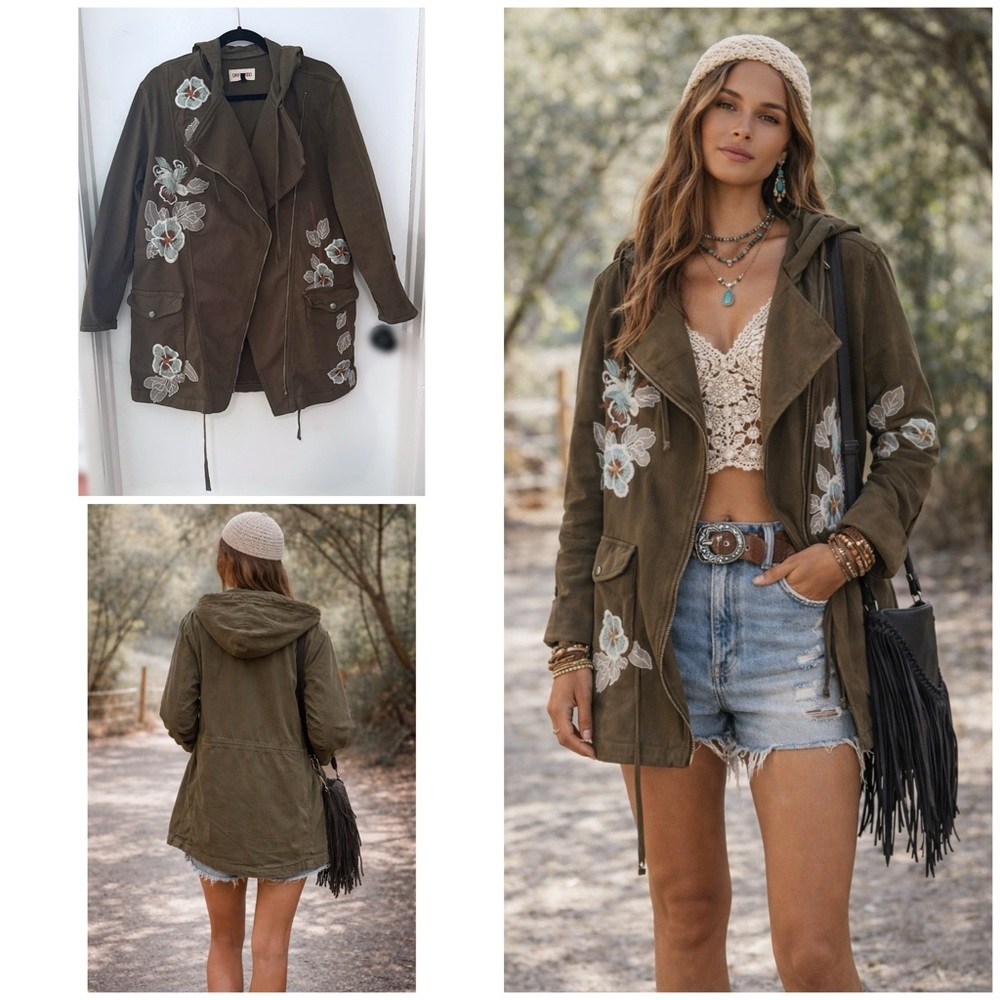 VGUC DRIFTWOOD Floral Embroidered Olive Green Hooded Parka Utility Jacket S